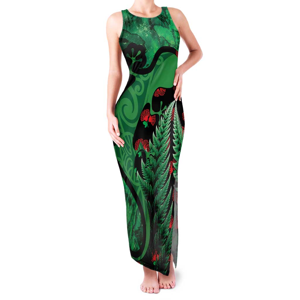 New Zealand Gecko Christmas Family Matching Tank Maxi Dress and Hawaiian Shirt Meri Kirihimete Paua Shell Mix Pohutukawa LT14 Mom's Dress Green - Polynesian Pride