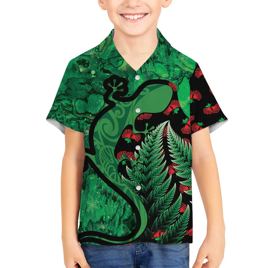 New Zealand Gecko Christmas Family Matching Tank Maxi Dress and Hawaiian Shirt Meri Kirihimete Paua Shell Mix Pohutukawa LT14 Son's Shirt Green - Polynesian Pride
