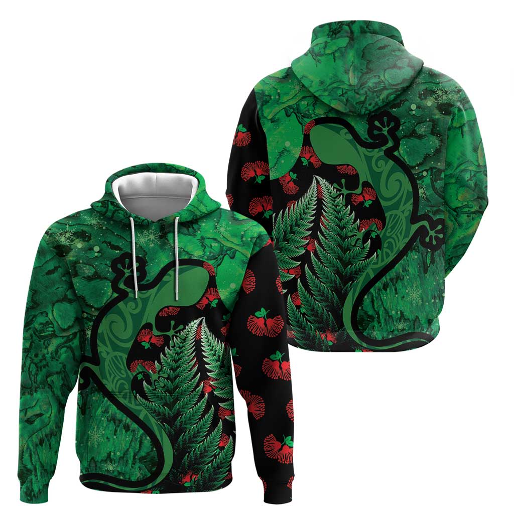 New Zealand Gecko Christmas Hoodie Meri Kirihimete Paua Shell Mix Pohutukawa LT14 - Polynesian Pride