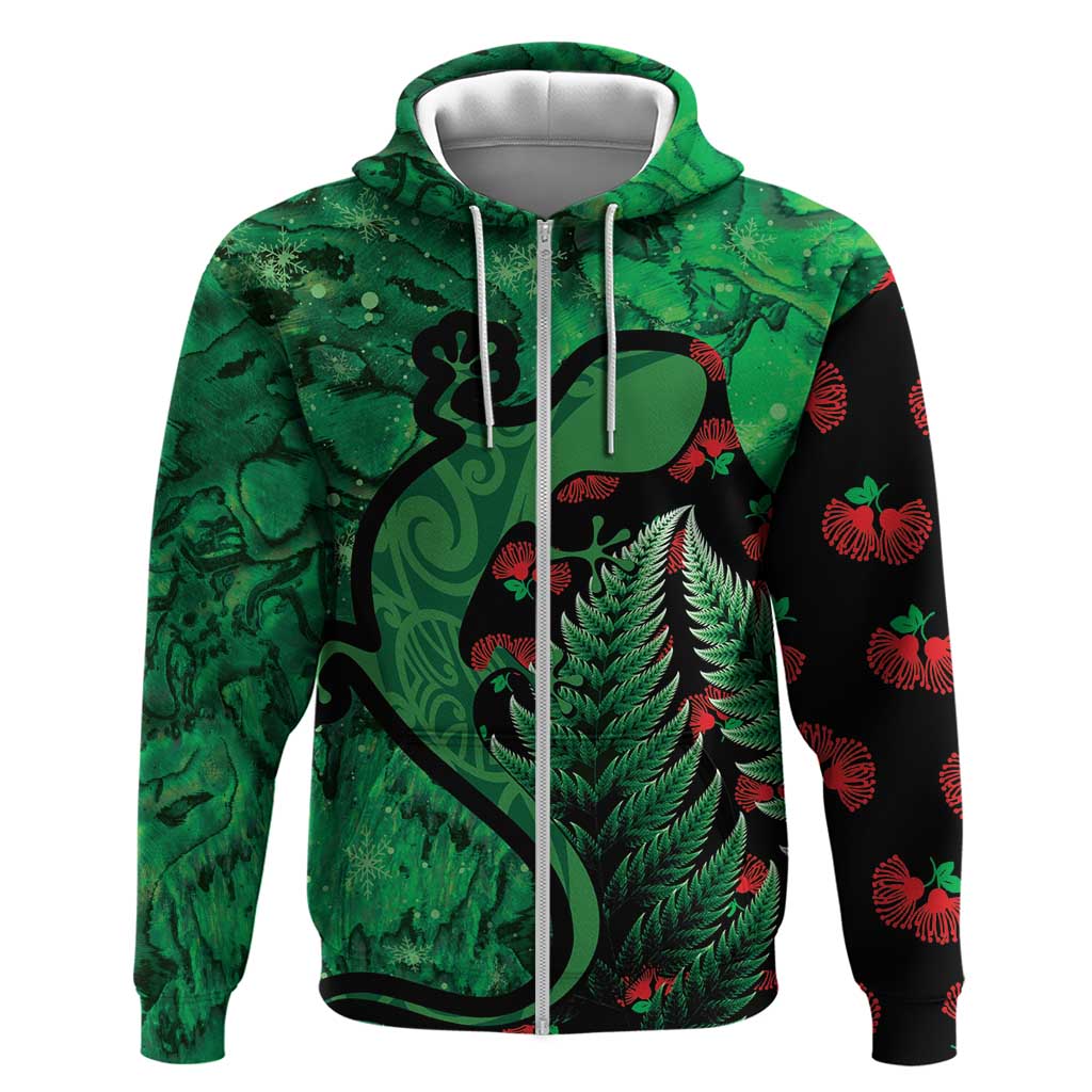 New Zealand Gecko Christmas Hoodie Meri Kirihimete Paua Shell Mix Pohutukawa LT14 Zip Hoodie Green - Polynesian Pride