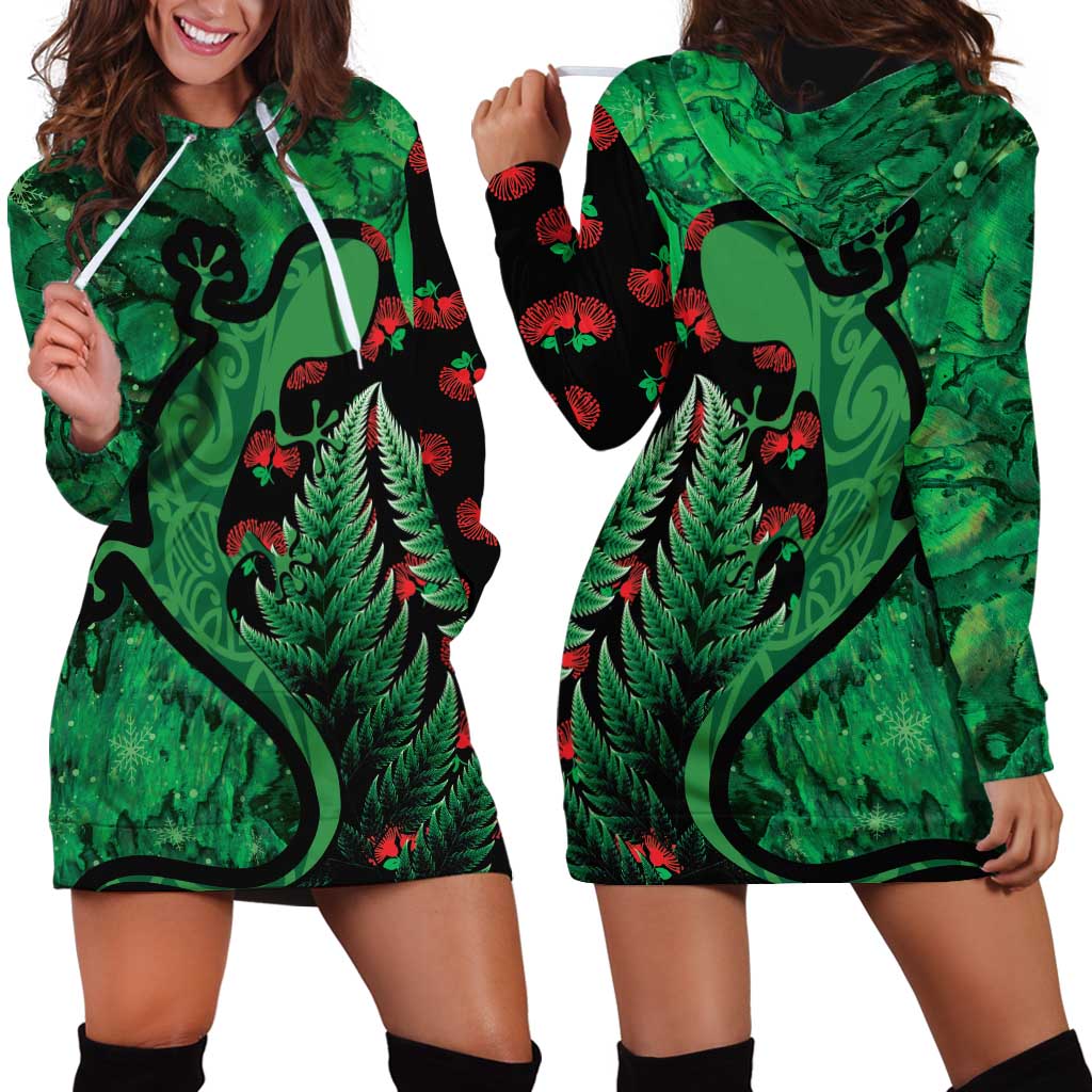 New Zealand Gecko Christmas Hoodie Dress Meri Kirihimete Paua Shell Mix Pohutukawa