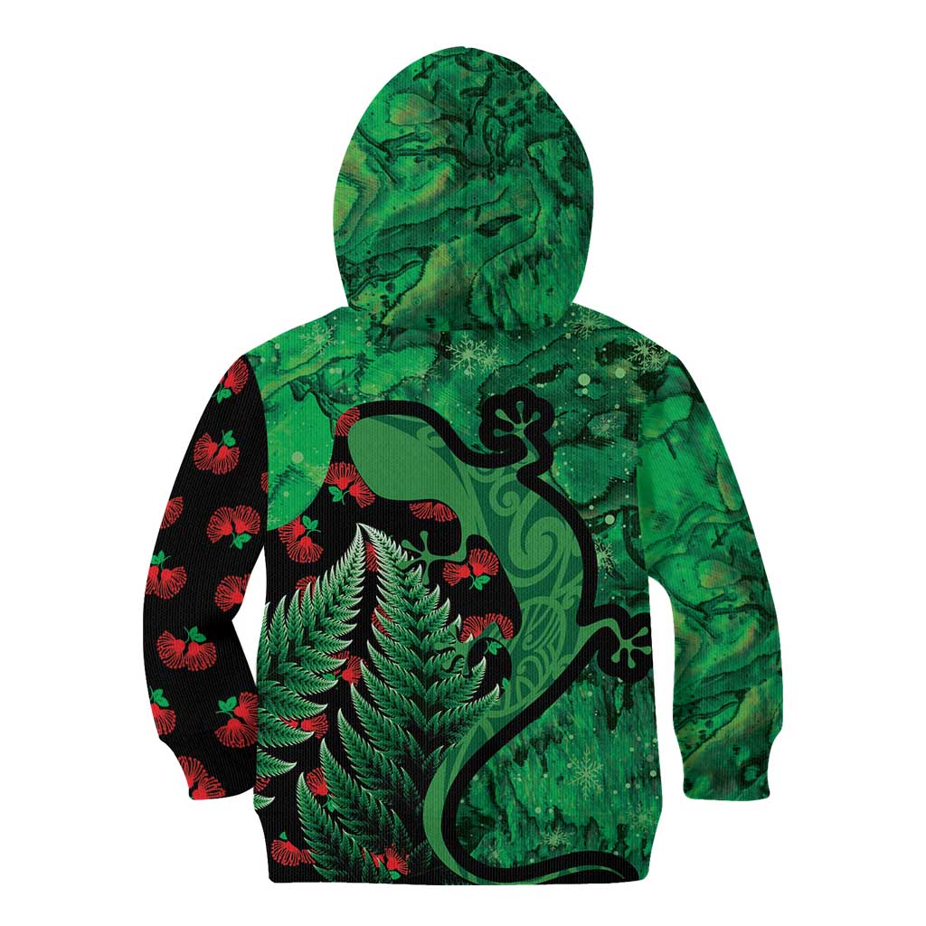 New Zealand Gecko Christmas Kid Hoodie Meri Kirihimete Paua Shell Mix Pohutukawa LT14 - Polynesian Pride