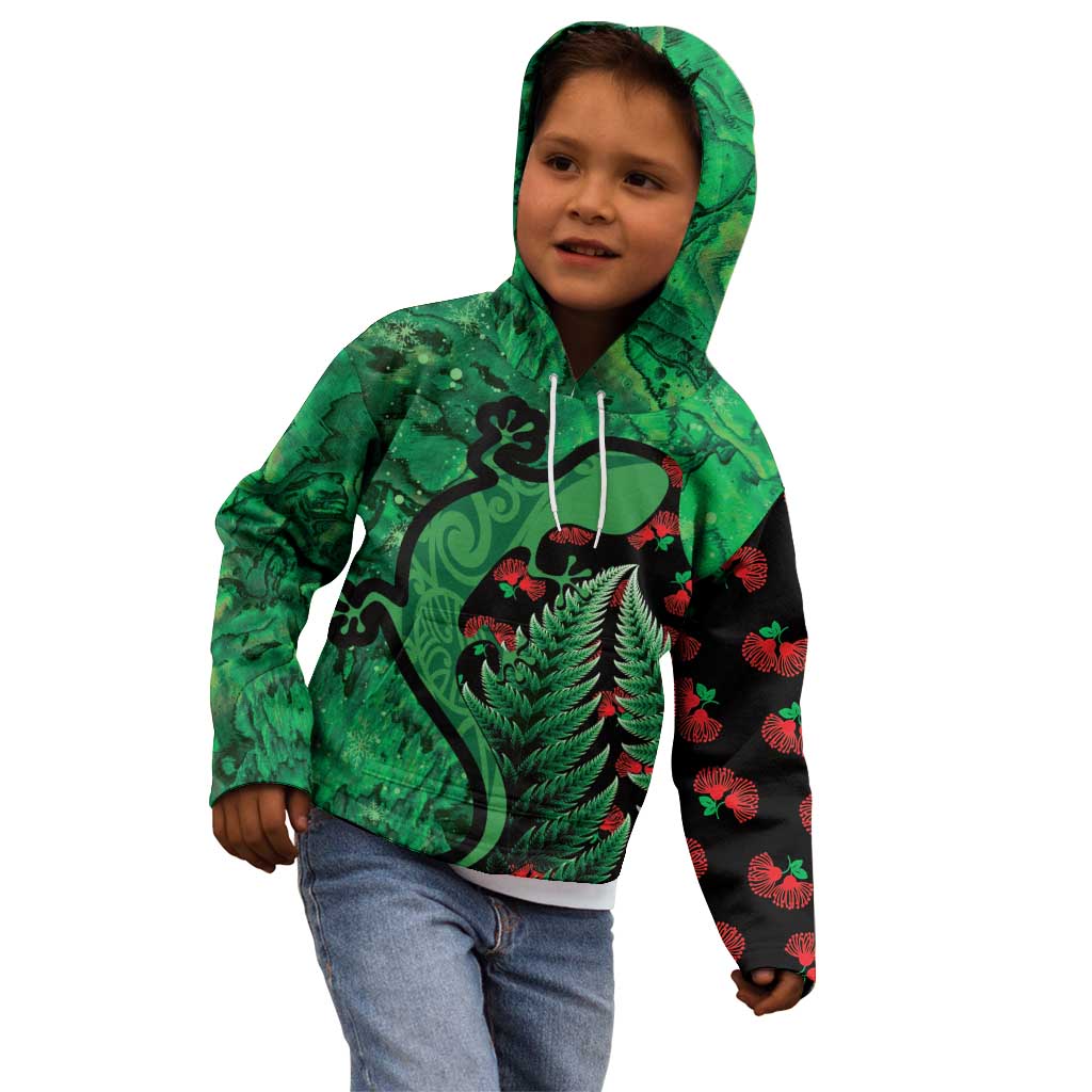 New Zealand Gecko Christmas Kid Hoodie Meri Kirihimete Paua Shell Mix Pohutukawa LT14 - Polynesian Pride