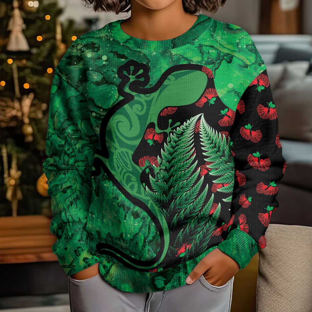 New Zealand Gecko Christmas Kid Ugly Christmas Sweater Meri Kirihimete Paua Shell Mix Pohutukawa LT14 - Polynesian Pride