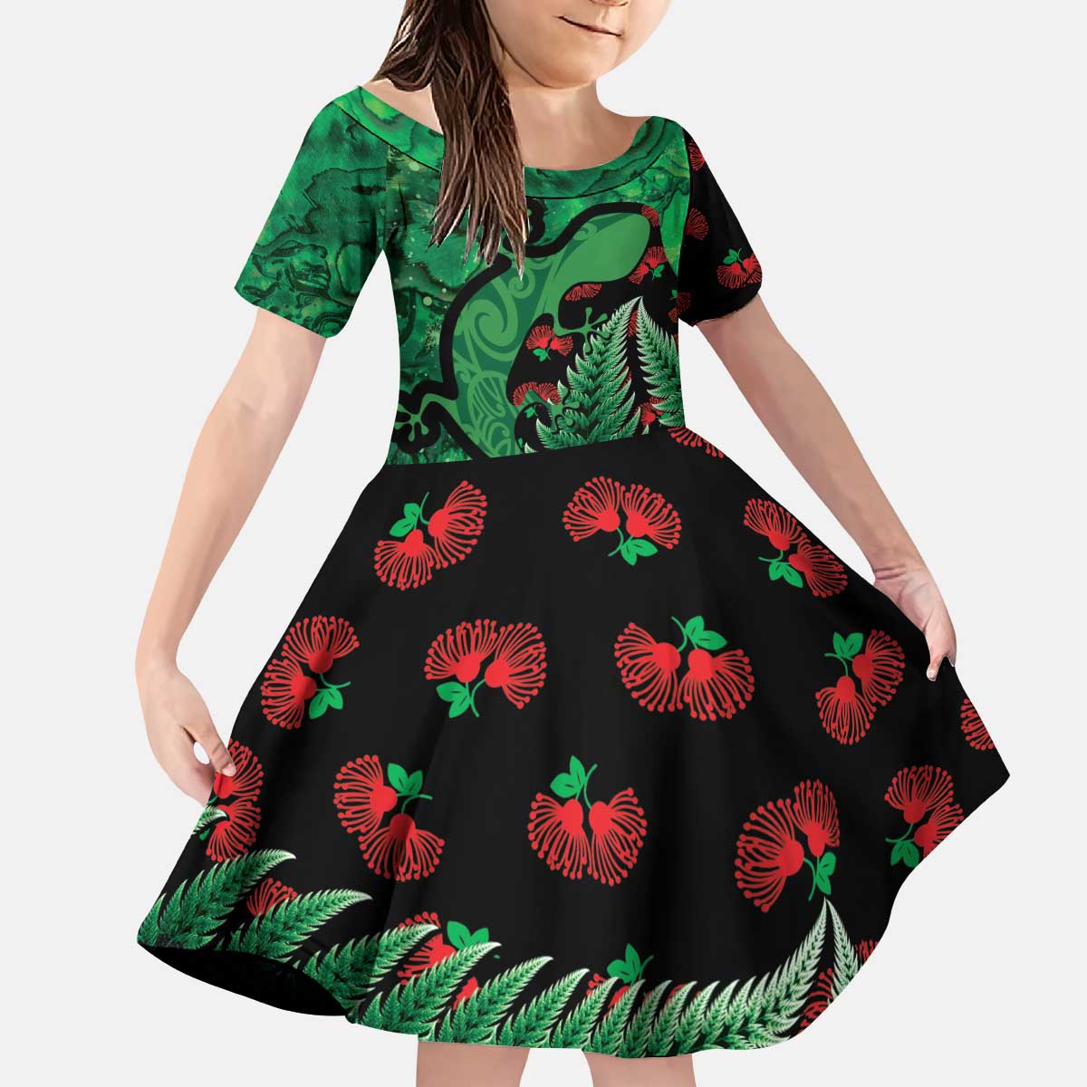 New Zealand Gecko Christmas Kid Short Sleeve Dress Meri Kirihimete Paua Shell Mix Pohutukawa LT14 KID Green - Polynesian Pride