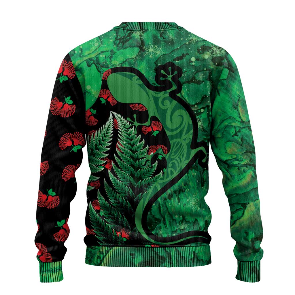 New Zealand Gecko Christmas Ugly Christmas Sweater Meri Kirihimete Paua Shell Mix Pohutukawa