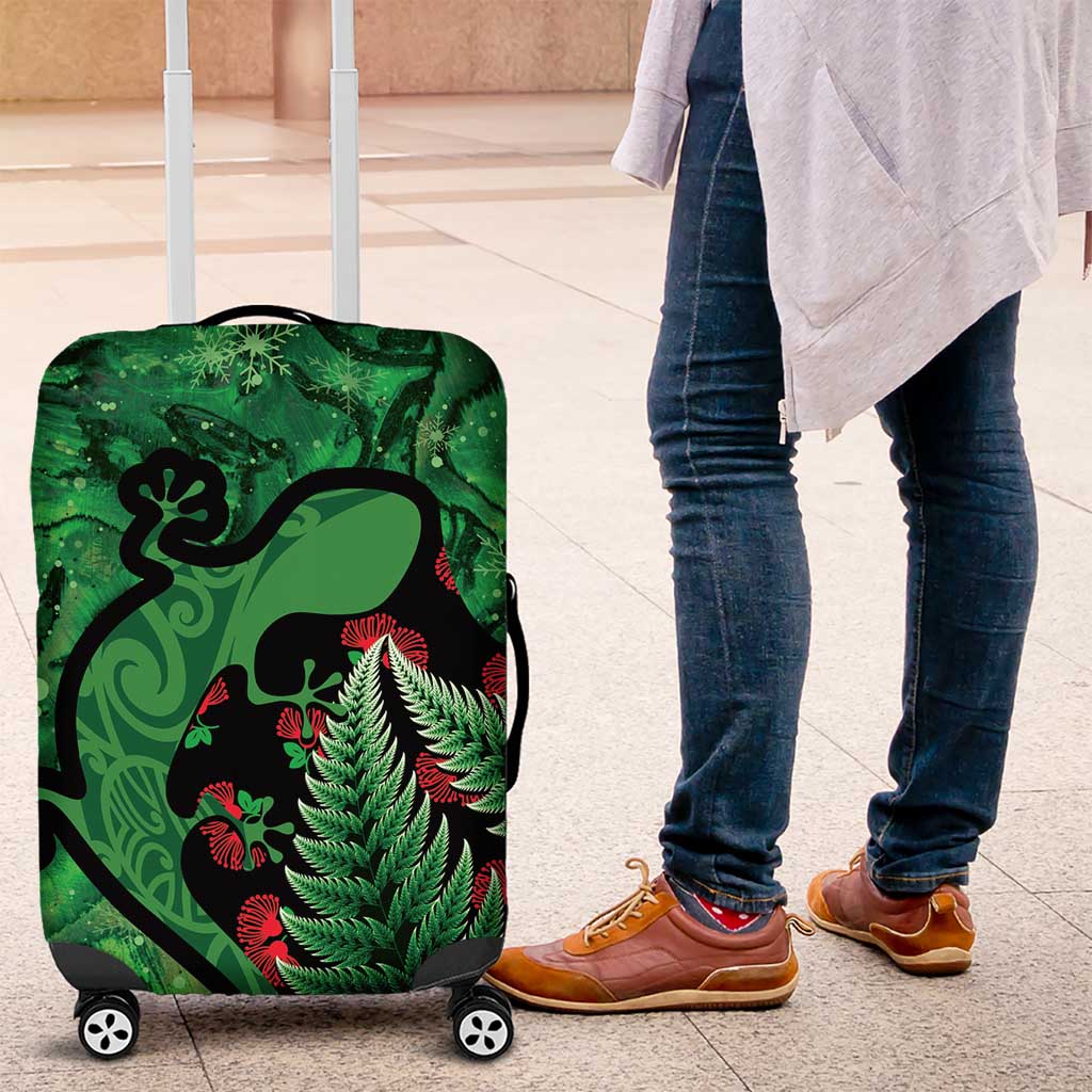 New Zealand Gecko Christmas Luggage Cover Meri Kirihimete Paua Shell Mix Pohutukawa LT14 Green - Polynesian Pride