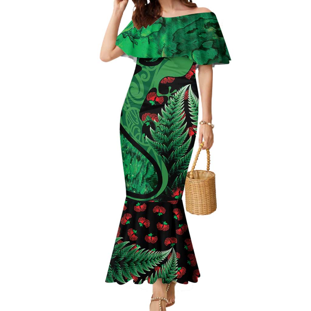 New Zealand Gecko Christmas Mermaid Dress Meri Kirihimete Paua Shell Mix Pohutukawa LT14 Women Green - Polynesian Pride