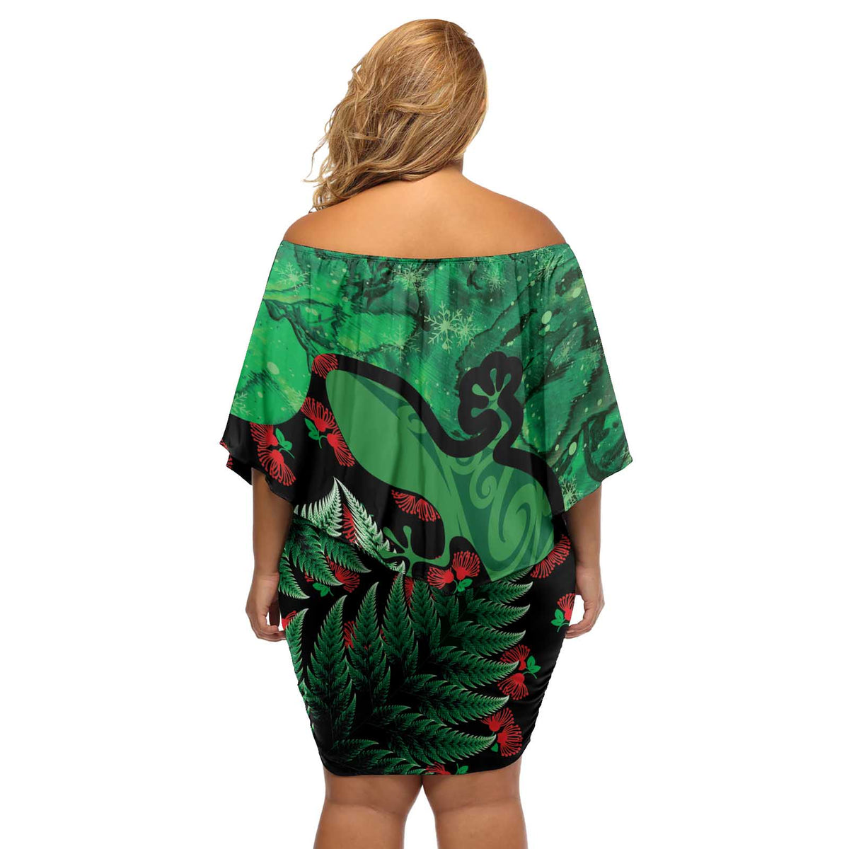 New Zealand Gecko Christmas Off Shoulder Short Dress Meri Kirihimete Paua Shell Mix Pohutukawa LT14 - Polynesian Pride