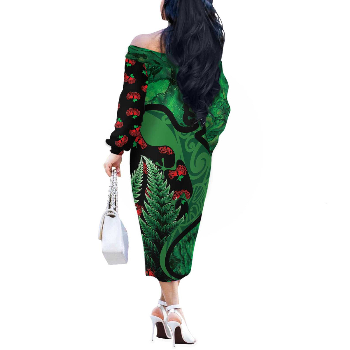 New Zealand Gecko Christmas Off The Shoulder Long Sleeve Dress Meri Kirihimete Paua Shell Mix Pohutukawa LT14 - Polynesian Pride