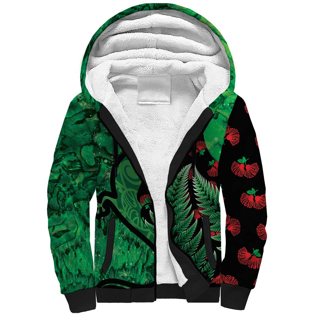 New Zealand Gecko Christmas Sherpa Hoodie Meri Kirihimete Paua Shell Mix Pohutukawa LT14 Unisex Green - Polynesian Pride