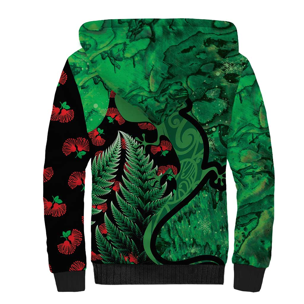 New Zealand Gecko Christmas Sherpa Hoodie Meri Kirihimete Paua Shell Mix Pohutukawa LT14 - Polynesian Pride
