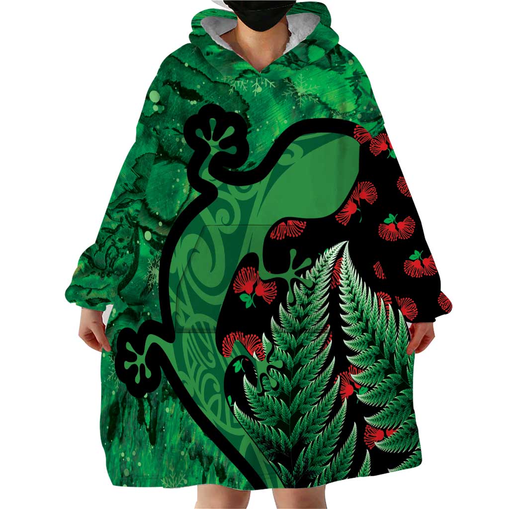 New Zealand Gecko Christmas Wearable Blanket Hoodie Meri Kirihimete Paua Shell Mix Pohutukawa LT14 - Polynesian Pride