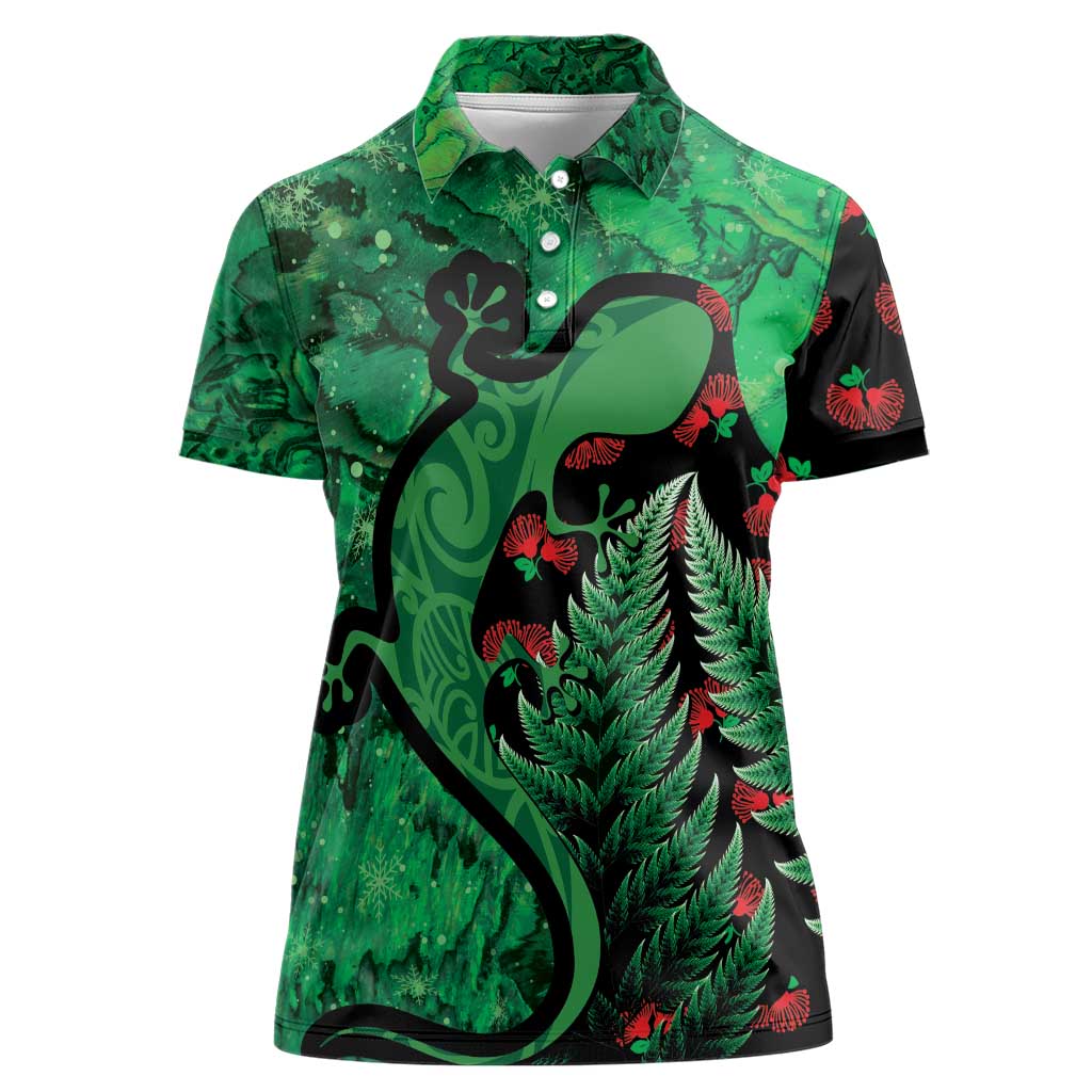 New Zealand Gecko Christmas Women Polo Shirt Meri Kirihimete Paua Shell Mix Pohutukawa LT14 Female Green - Polynesian Pride