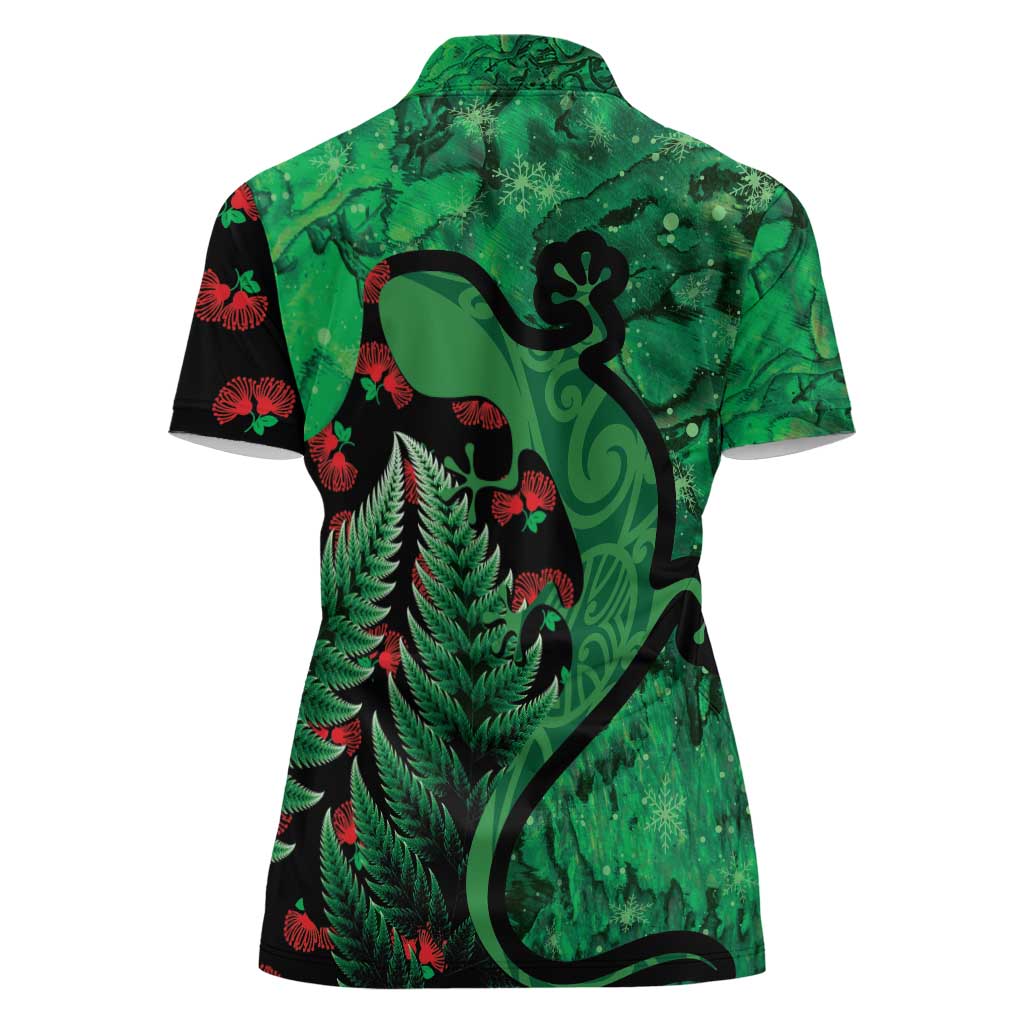 New Zealand Gecko Christmas Women Polo Shirt Meri Kirihimete Paua Shell Mix Pohutukawa LT14 - Polynesian Pride