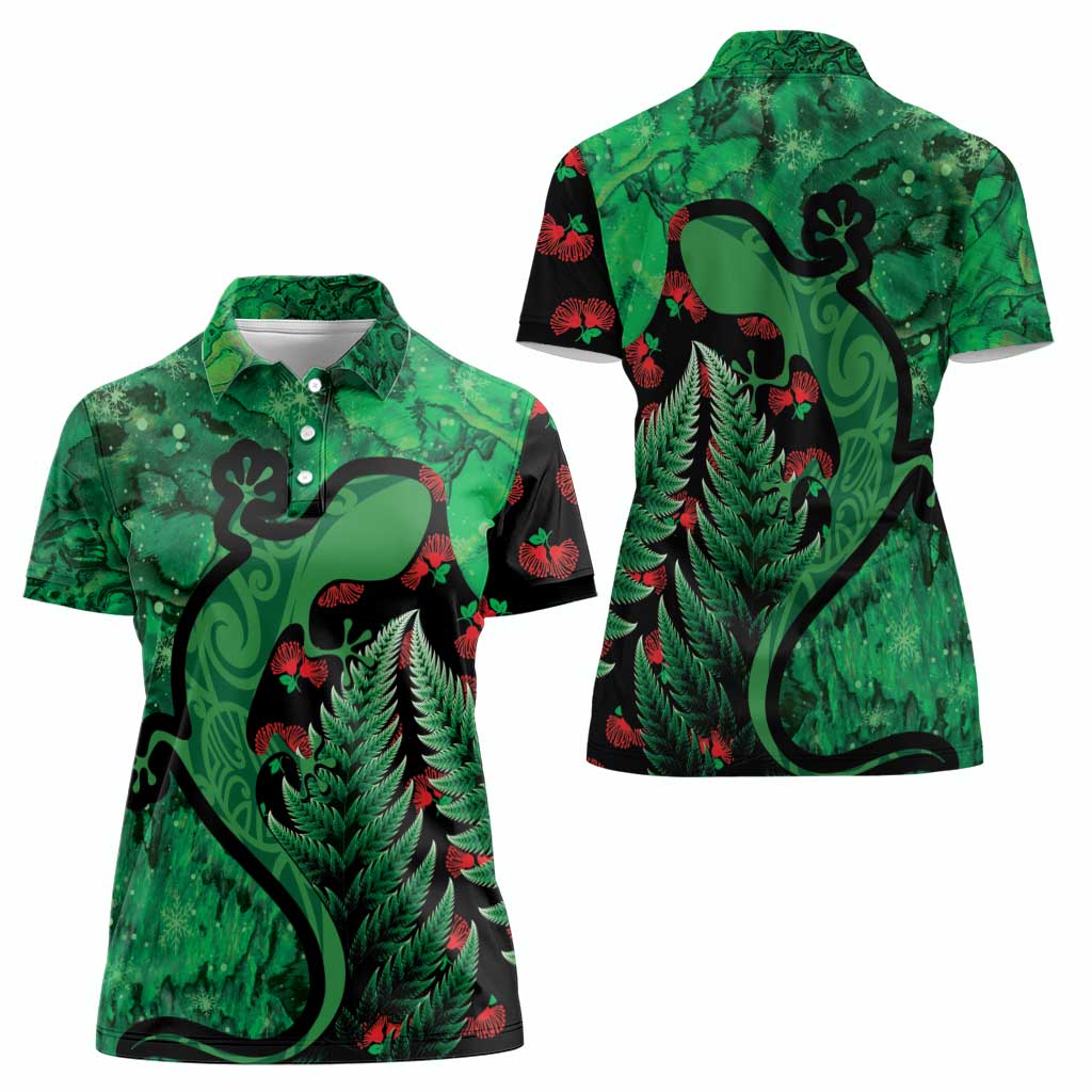 New Zealand Gecko Christmas Women Polo Shirt Meri Kirihimete Paua Shell Mix Pohutukawa LT14 - Polynesian Pride