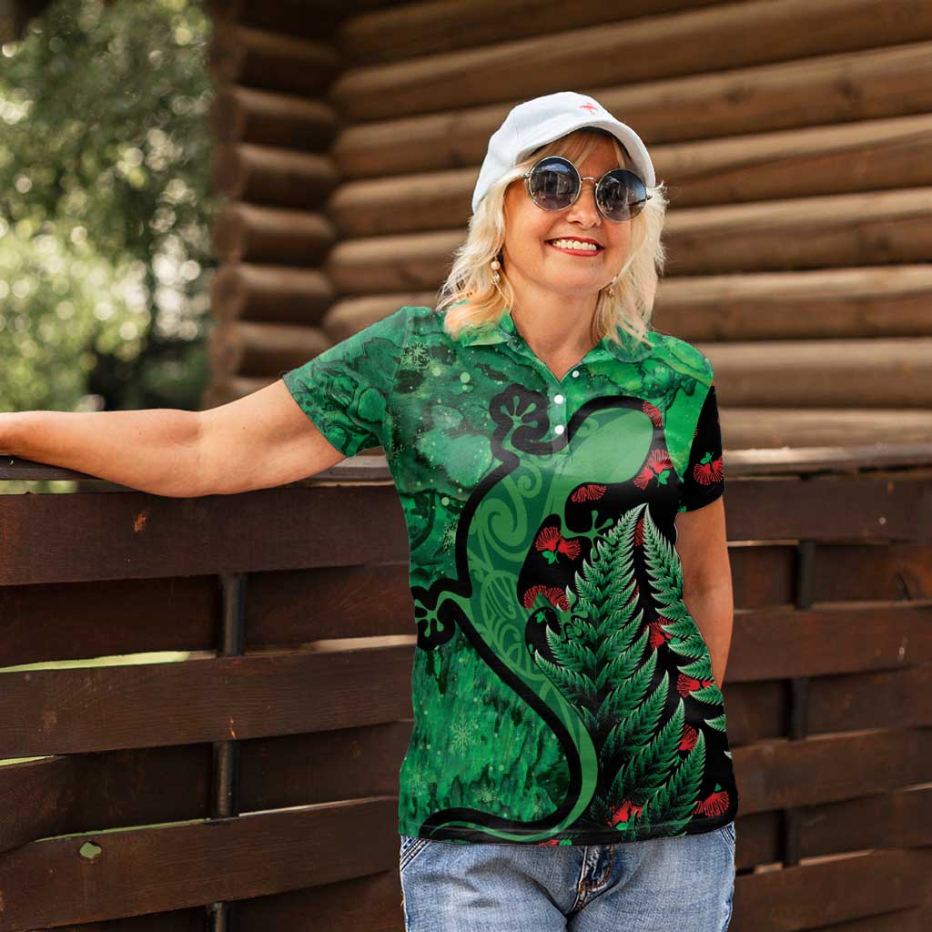 New Zealand Gecko Christmas Women Polo Shirt Meri Kirihimete Paua Shell Mix Pohutukawa LT14 - Polynesian Pride