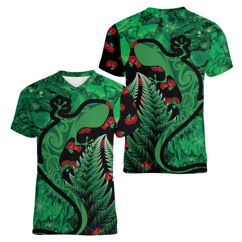 New Zealand Gecko Christmas Women V-Neck T-Shirt Meri Kirihimete Paua Shell Mix Pohutukawa