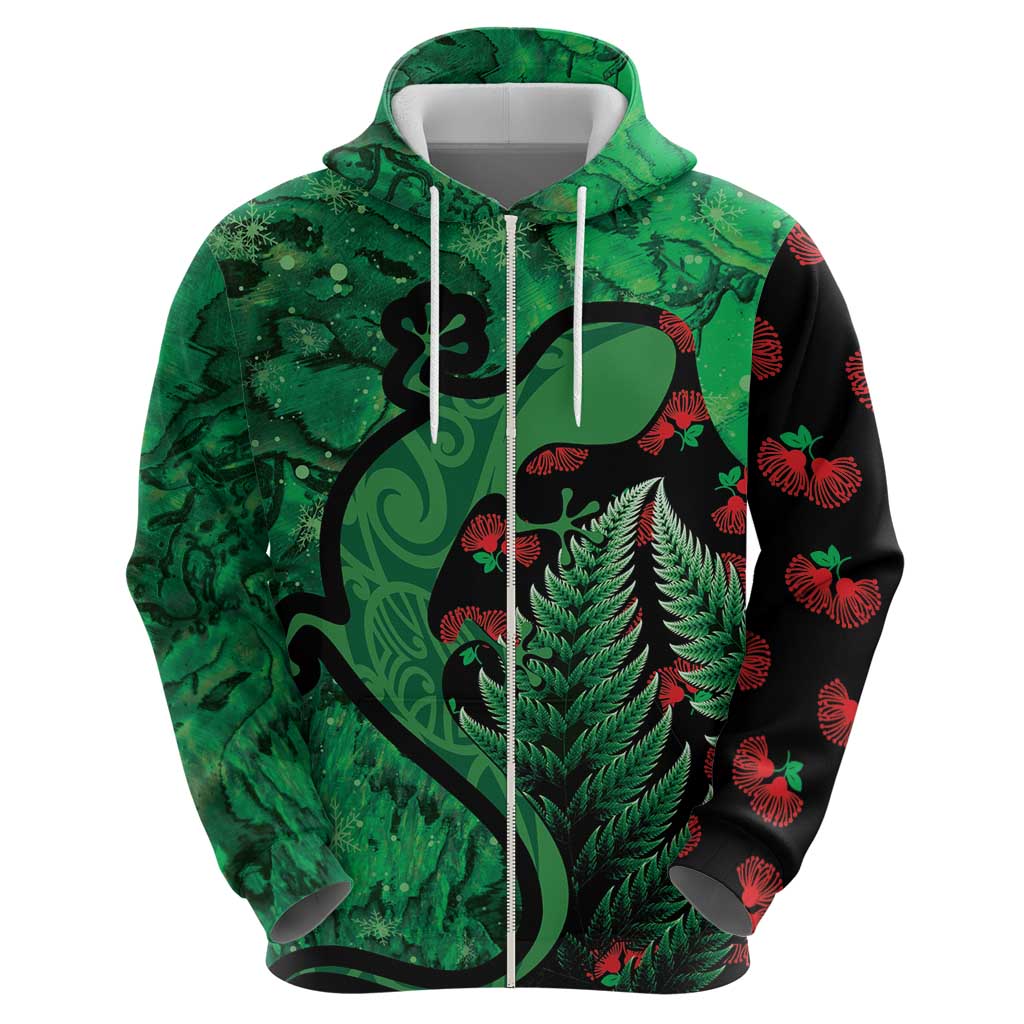 New Zealand Gecko Christmas Zip Hoodie Meri Kirihimete Paua Shell Mix Pohutukawa LT14 - Polynesian Pride