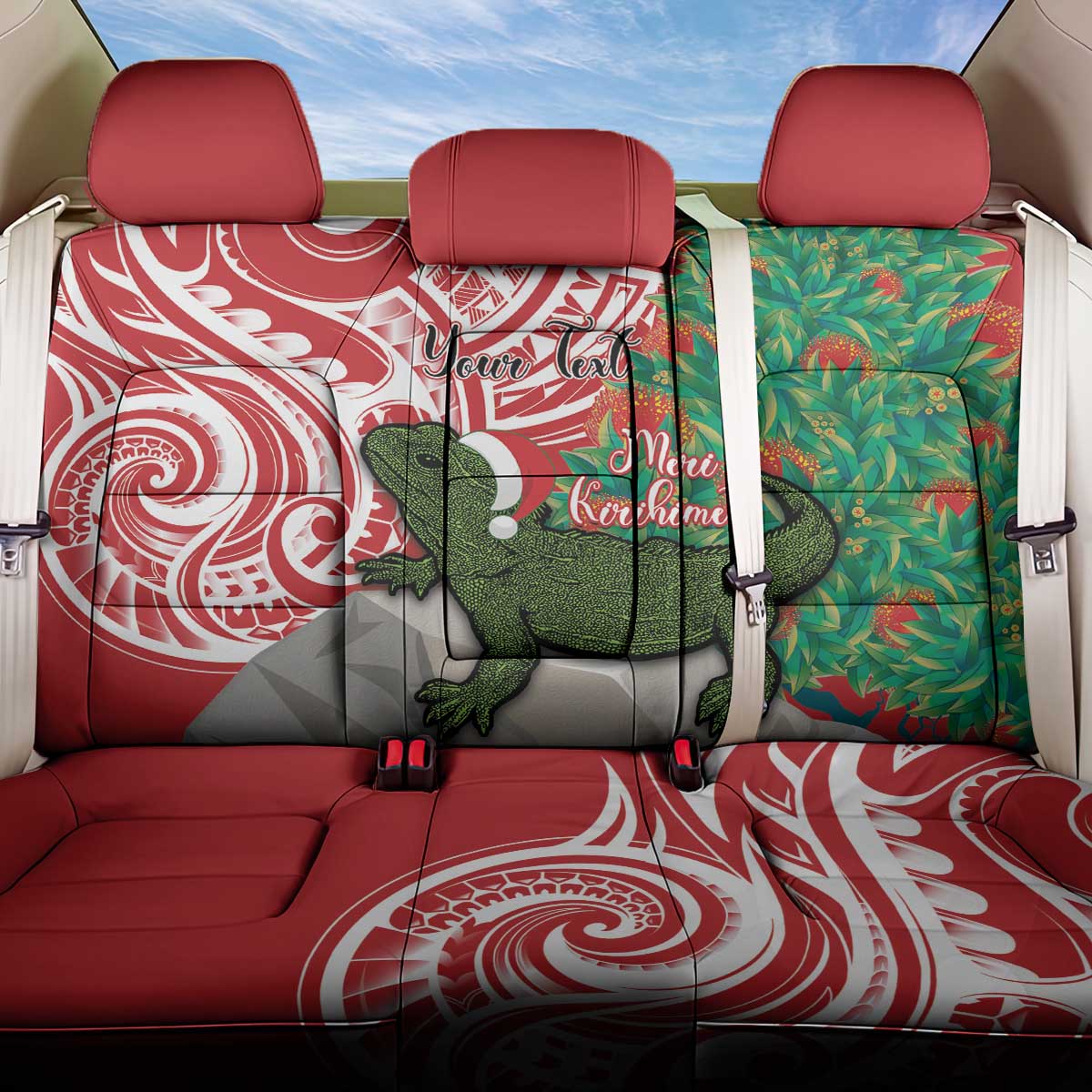 Personalised New Zealand Tuatara Christmas Back Car Seat Cover Meri Kirihimete Aotearoa Maori Mix Pohutukawa LT14 One Size Red - Polynesian Pride
