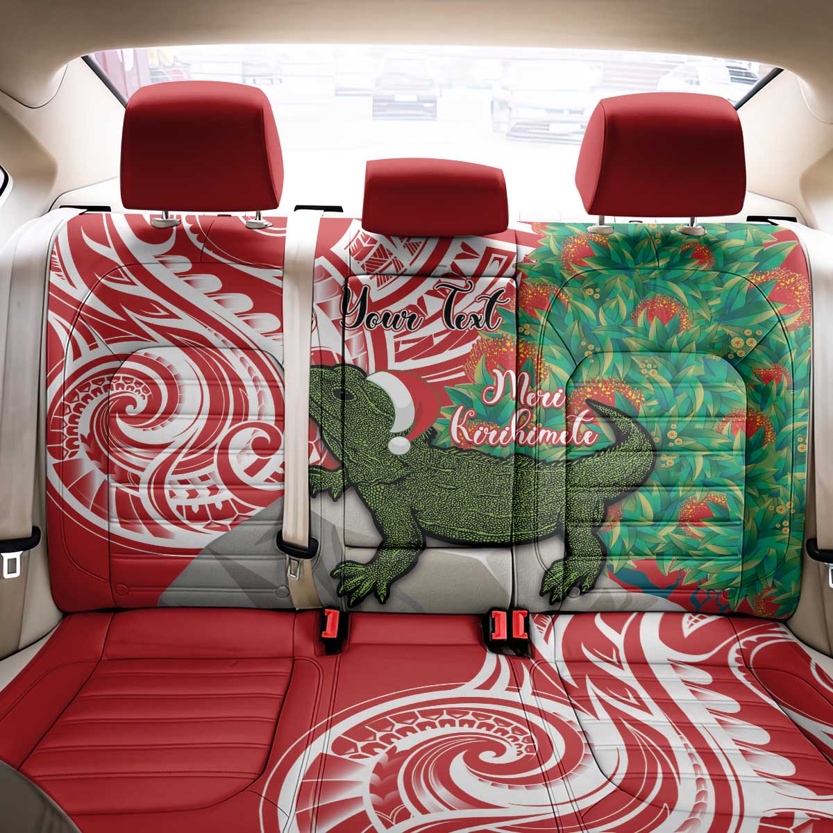 Personalised New Zealand Tuatara Christmas Back Car Seat Cover Meri Kirihimete Aotearoa Maori Mix Pohutukawa LT14 - Polynesian Pride