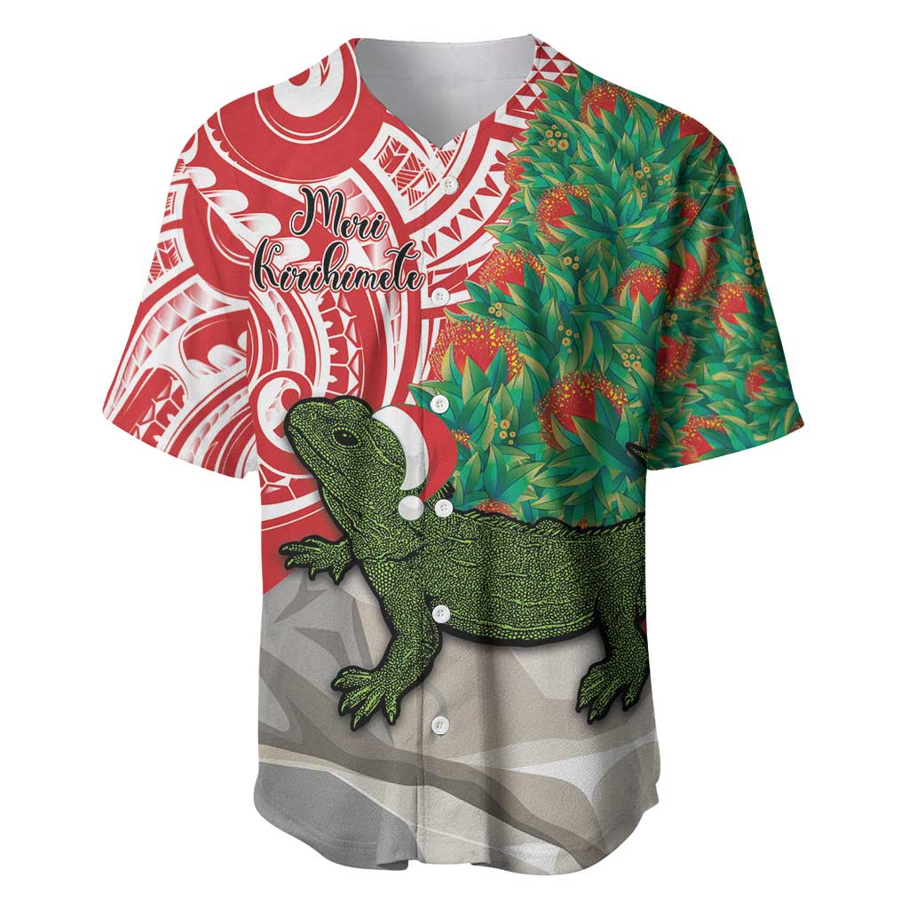 Personalised New Zealand Tuatara Christmas Baseball Jersey Meri Kirihimete Aotearoa Maori Mix Pohutukawa LT14 Red - Polynesian Pride