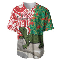 Personalised New Zealand Tuatara Christmas Baseball Jersey Meri Kirihimete Aotearoa Maori Mix Pohutukawa LT14 Red - Polynesian Pride