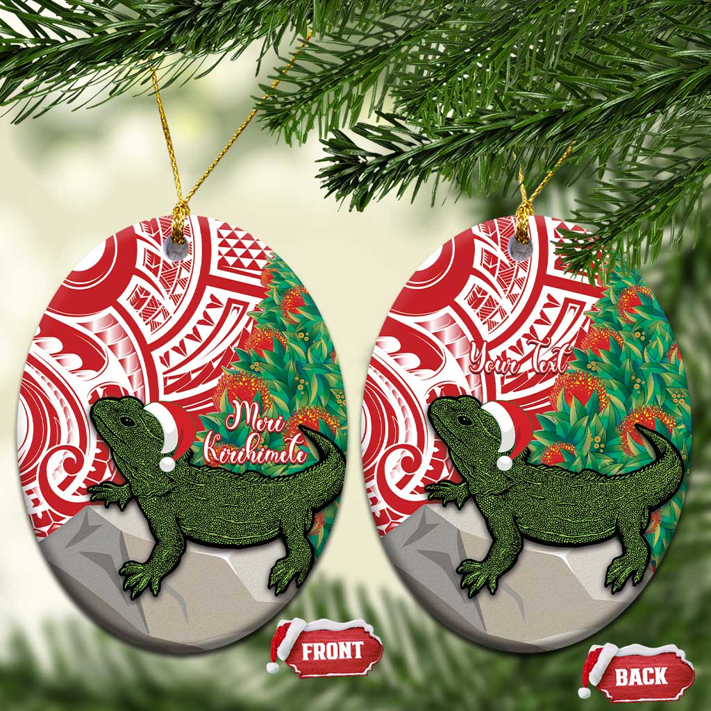 Personalised New Zealand Tuatara Christmas Ceramic Ornament Meri Kirihimete Aotearoa Maori Mix Pohutukawa LT14 Oval Red - Polynesian Pride