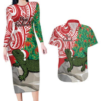 Personalised New Zealand Tuatara Christmas Couples Matching Long Sleeve Bodycon Dress and Hawaiian Shirt Meri Kirihimete Aotearoa Maori Mix Pohutukawa LT14 Red - Polynesian Pride