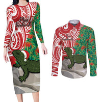 Personalised New Zealand Tuatara Christmas Couples Matching Long Sleeve Bodycon Dress and Long Sleeve Button Shirt Meri Kirihimete Aotearoa Maori Mix Pohutukawa LT14 Red - Polynesian Pride
