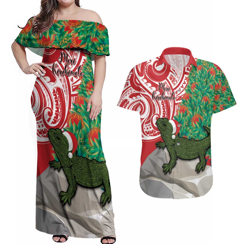 Personalised New Zealand Tuatara Christmas Couples Matching Off Shoulder Maxi Dress and Hawaiian Shirt Meri Kirihimete Aotearoa Maori Mix Pohutukawa LT14 Red - Polynesian Pride