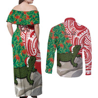 Personalised New Zealand Tuatara Christmas Couples Matching Off Shoulder Maxi Dress and Long Sleeve Button Shirt Meri Kirihimete Aotearoa Maori Mix Pohutukawa LT14 - Polynesian Pride
