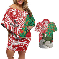 Personalised New Zealand Tuatara Christmas Couples Matching Off Shoulder Short Dress and Hawaiian Shirt Meri Kirihimete Aotearoa Maori Mix Pohutukawa LT14 Red - Polynesian Pride