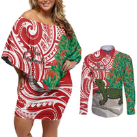 Personalised New Zealand Tuatara Christmas Couples Matching Off Shoulder Short Dress and Long Sleeve Button Shirt Meri Kirihimete Aotearoa Maori Mix Pohutukawa LT14 Red - Polynesian Pride