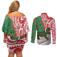 Personalised New Zealand Tuatara Christmas Couples Matching Off Shoulder Short Dress and Long Sleeve Button Shirt Meri Kirihimete Aotearoa Maori Mix Pohutukawa LT14 - Polynesian Pride