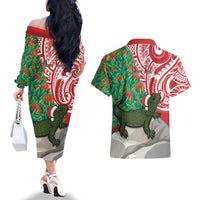 Personalised New Zealand Tuatara Christmas Couples Matching Off The Shoulder Long Sleeve Dress and Hawaiian Shirt Meri Kirihimete Aotearoa Maori Mix Pohutukawa LT14 - Polynesian Pride