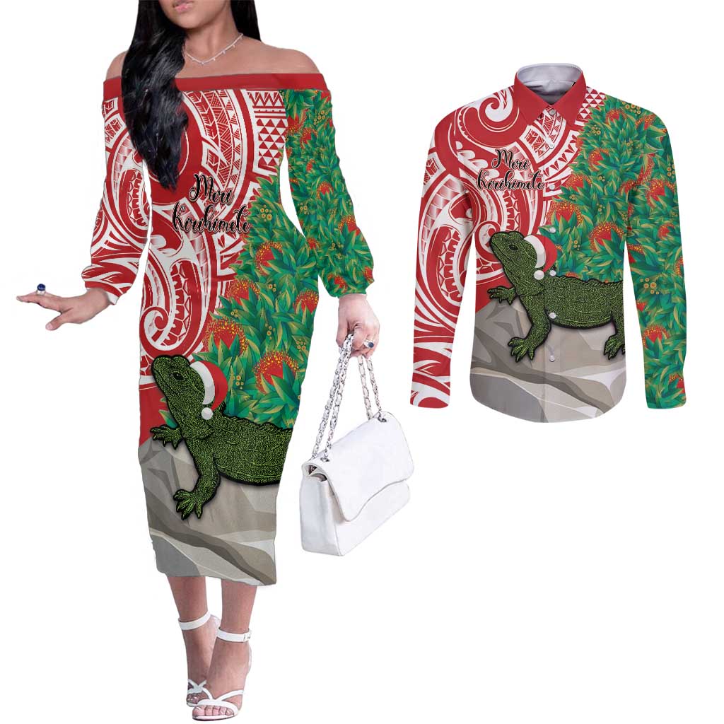 Personalised New Zealand Tuatara Christmas Couples Matching Off The Shoulder Long Sleeve Dress and Long Sleeve Button Shirt Meri Kirihimete Aotearoa Maori Mix Pohutukawa LT14 Red - Polynesian Pride