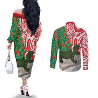 Personalised New Zealand Tuatara Christmas Couples Matching Off The Shoulder Long Sleeve Dress and Long Sleeve Button Shirt Meri Kirihimete Aotearoa Maori Mix Pohutukawa LT14 - Polynesian Pride