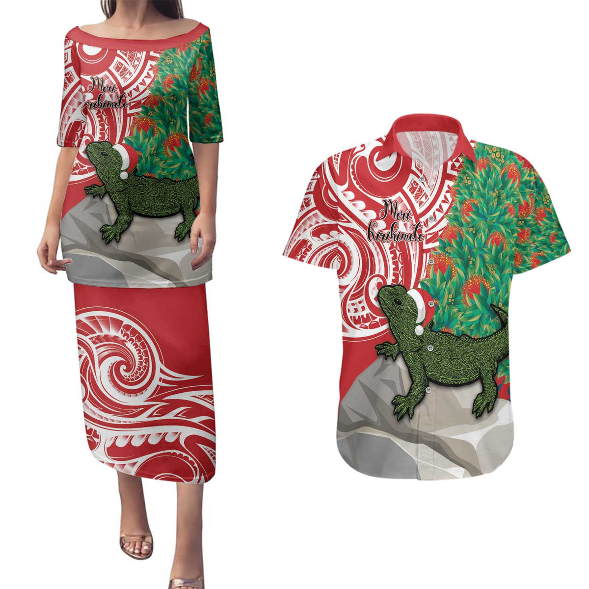 Personalised New Zealand Tuatara Christmas Couples Matching Puletasi and Hawaiian Shirt Meri Kirihimete Aotearoa Maori Mix Pohutukawa LT14 Red - Polynesian Pride