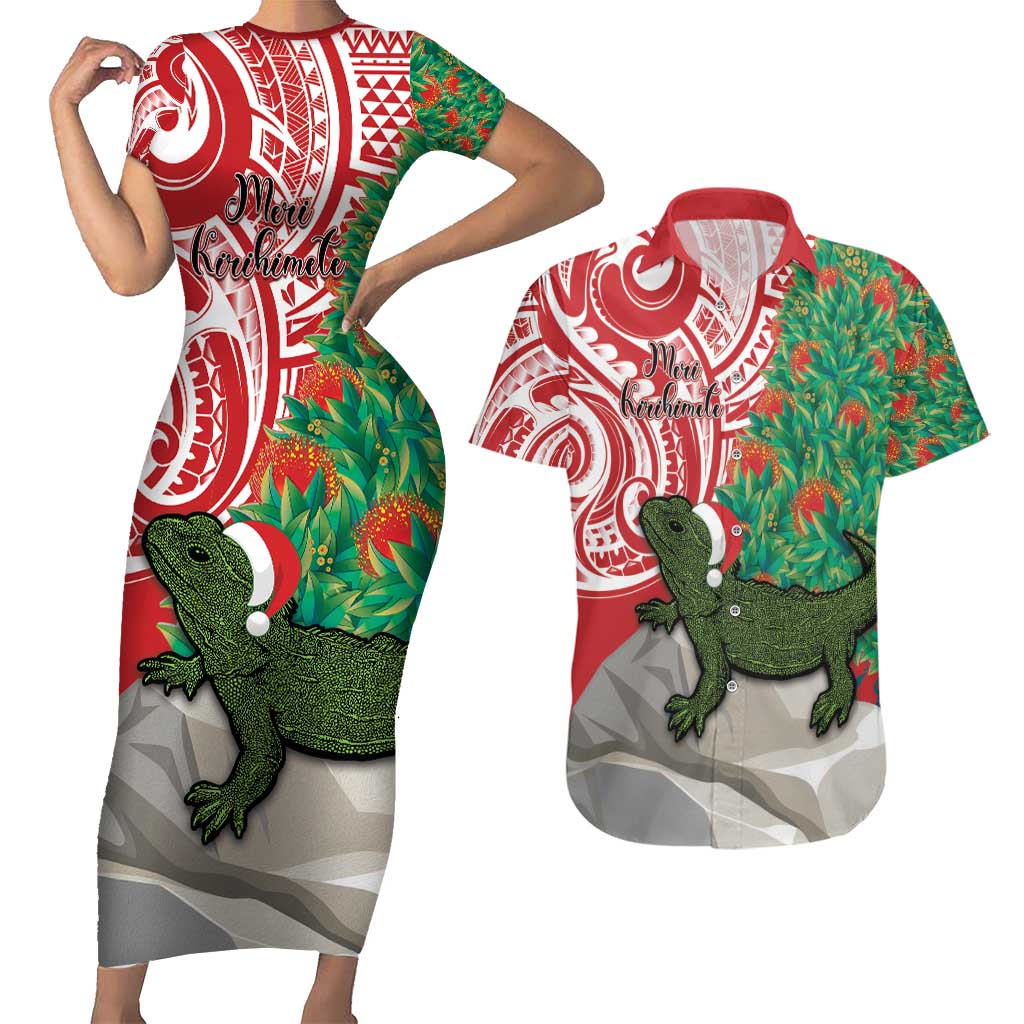 Personalised New Zealand Tuatara Christmas Couples Matching Short Sleeve Bodycon Dress and Hawaiian Shirt Meri Kirihimete Aotearoa Maori Mix Pohutukawa LT14 Red - Polynesian Pride