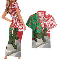 Personalised New Zealand Tuatara Christmas Couples Matching Short Sleeve Bodycon Dress and Hawaiian Shirt Meri Kirihimete Aotearoa Maori Mix Pohutukawa LT14 - Polynesian Pride