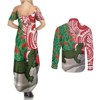 Personalised New Zealand Tuatara Christmas Couples Matching Summer Maxi Dress and Long Sleeve Button Shirt Meri Kirihimete Aotearoa Maori Mix Pohutukawa LT14 - Polynesian Pride