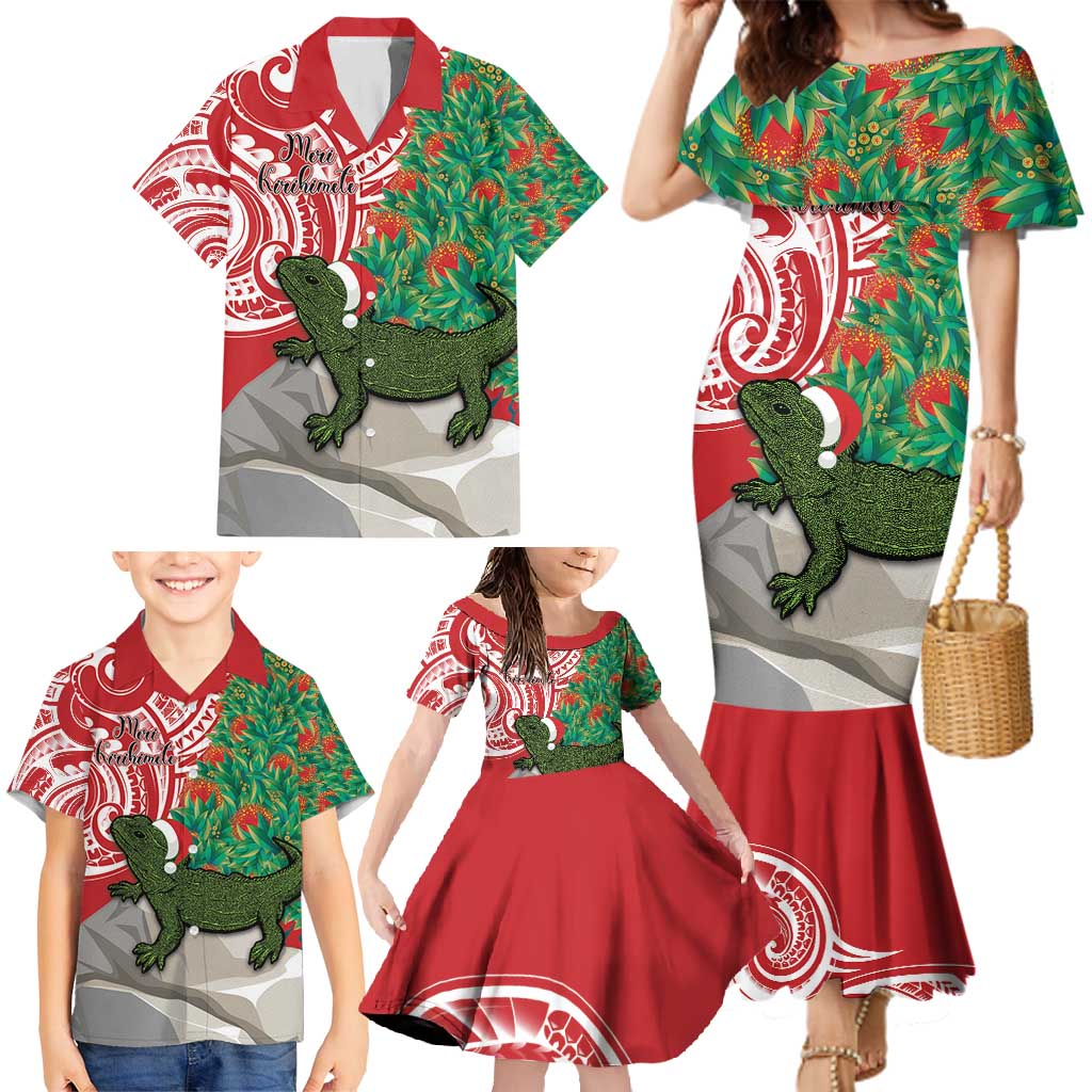 Personalised New Zealand Tuatara Christmas Family Matching Mermaid Dress and Hawaiian Shirt Meri Kirihimete Aotearoa Maori Mix Pohutukawa LT14 - Polynesian Pride