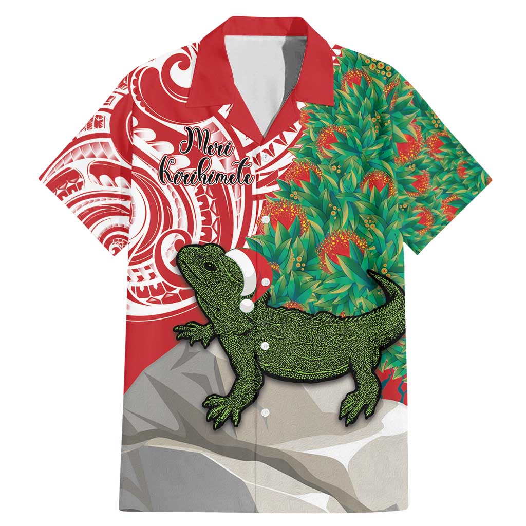 Personalised New Zealand Tuatara Christmas Family Matching Mermaid Dress and Hawaiian Shirt Meri Kirihimete Aotearoa Maori Mix Pohutukawa LT14 Dad's Shirt - Short Sleeve Red - Polynesian Pride