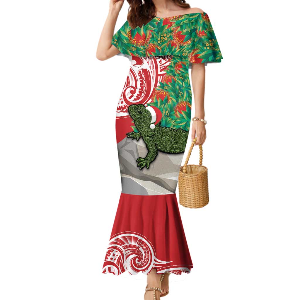 Personalised New Zealand Tuatara Christmas Family Matching Mermaid Dress and Hawaiian Shirt Meri Kirihimete Aotearoa Maori Mix Pohutukawa LT14 Mom's Dress Red - Polynesian Pride