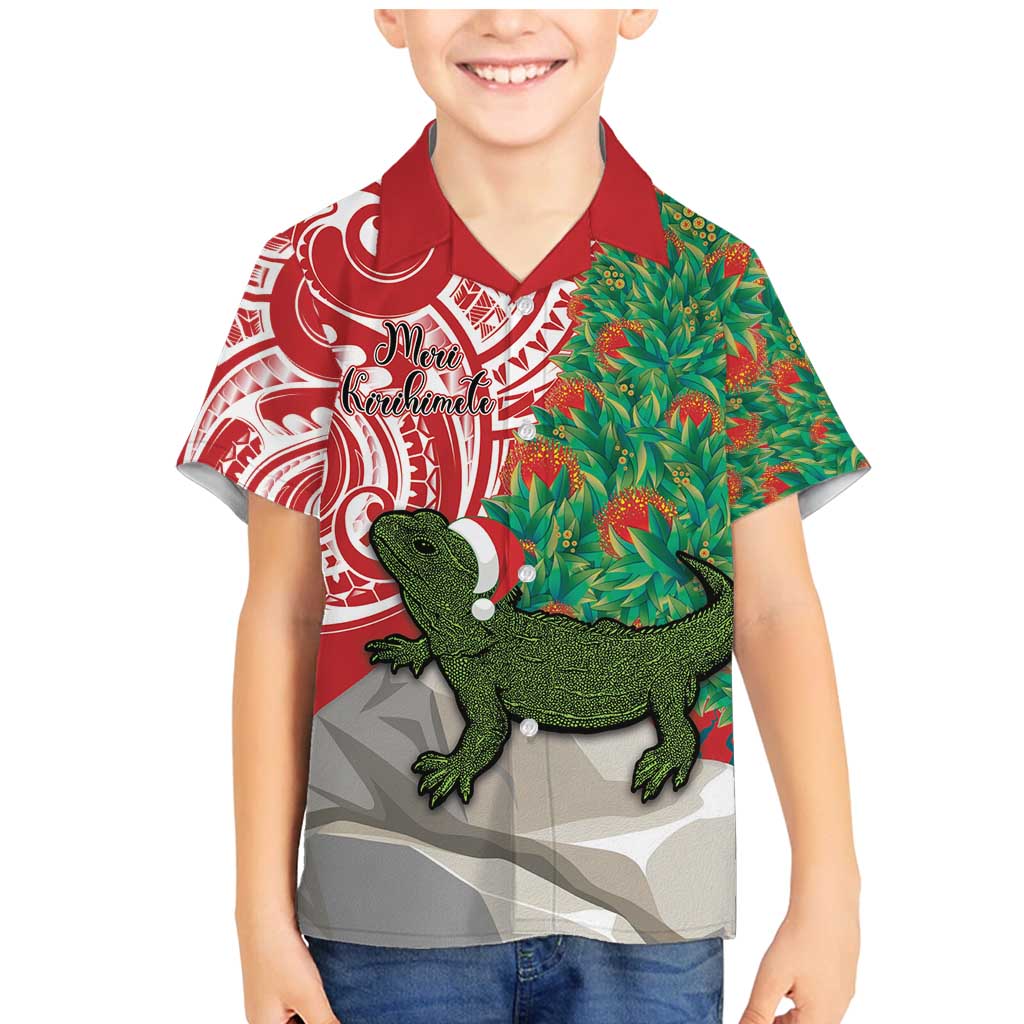 Personalised New Zealand Tuatara Christmas Family Matching Mermaid Dress and Hawaiian Shirt Meri Kirihimete Aotearoa Maori Mix Pohutukawa LT14 Son's Shirt Red - Polynesian Pride