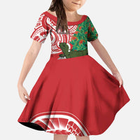 Personalised New Zealand Tuatara Christmas Family Matching Off The Shoulder Long Sleeve Dress and Hawaiian Shirt Meri Kirihimete Aotearoa Maori Mix Pohutukawa LT14 Daughter's Dress Red - Polynesian Pride
