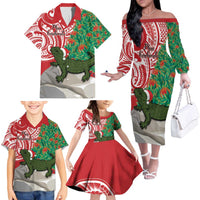 Personalised New Zealand Tuatara Christmas Family Matching Off The Shoulder Long Sleeve Dress and Hawaiian Shirt Meri Kirihimete Aotearoa Maori Mix Pohutukawa LT14 - Polynesian Pride