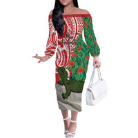 Personalised New Zealand Tuatara Christmas Family Matching Off The Shoulder Long Sleeve Dress and Hawaiian Shirt Meri Kirihimete Aotearoa Maori Mix Pohutukawa LT14 Mom's Dress Red - Polynesian Pride