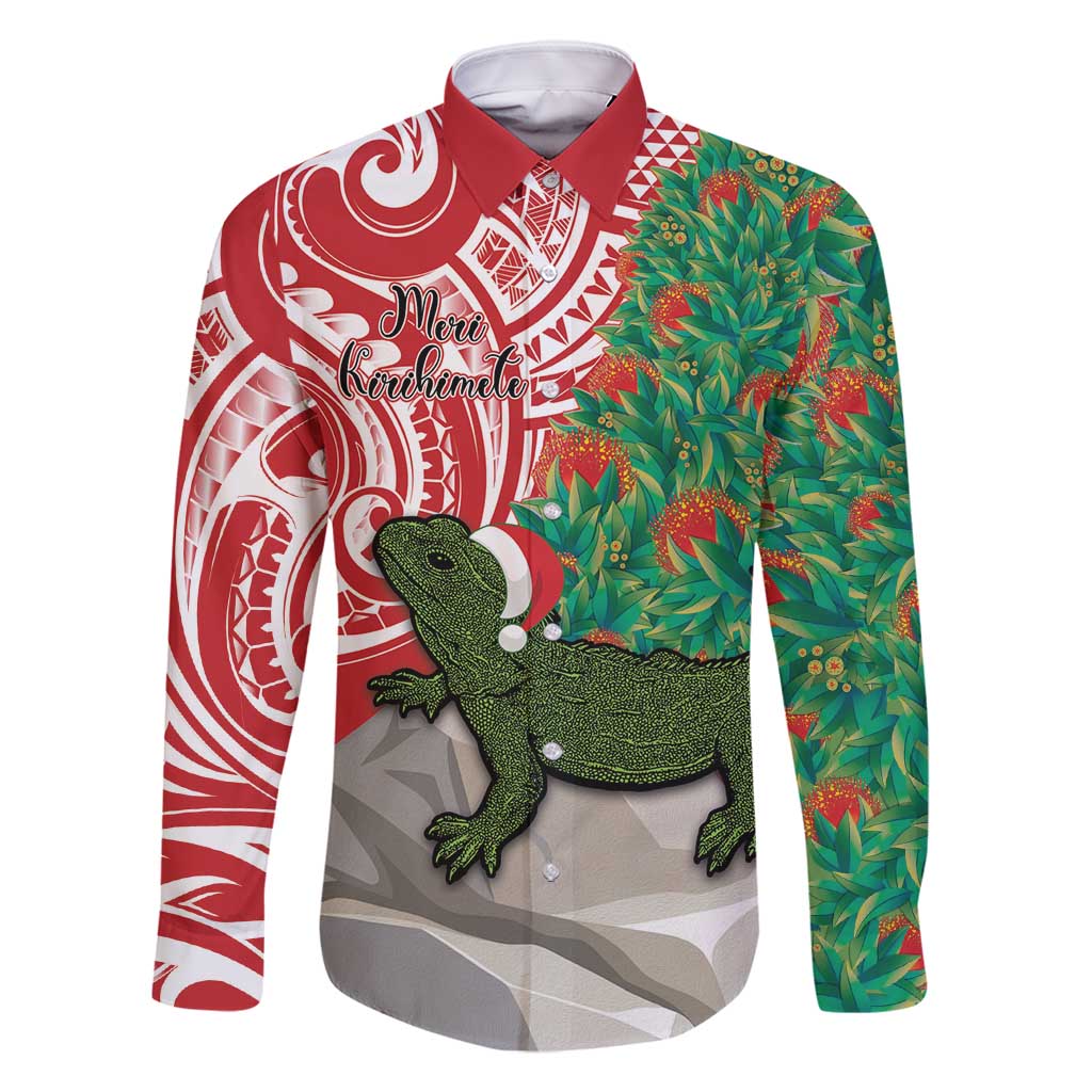 Personalised New Zealand Tuatara Christmas Family Matching Off Shoulder Maxi Dress and Hawaiian Shirt Meri Kirihimete Aotearoa Maori Mix Pohutukawa LT14 Dad's Shirt - Long Sleeve Red - Polynesian Pride
